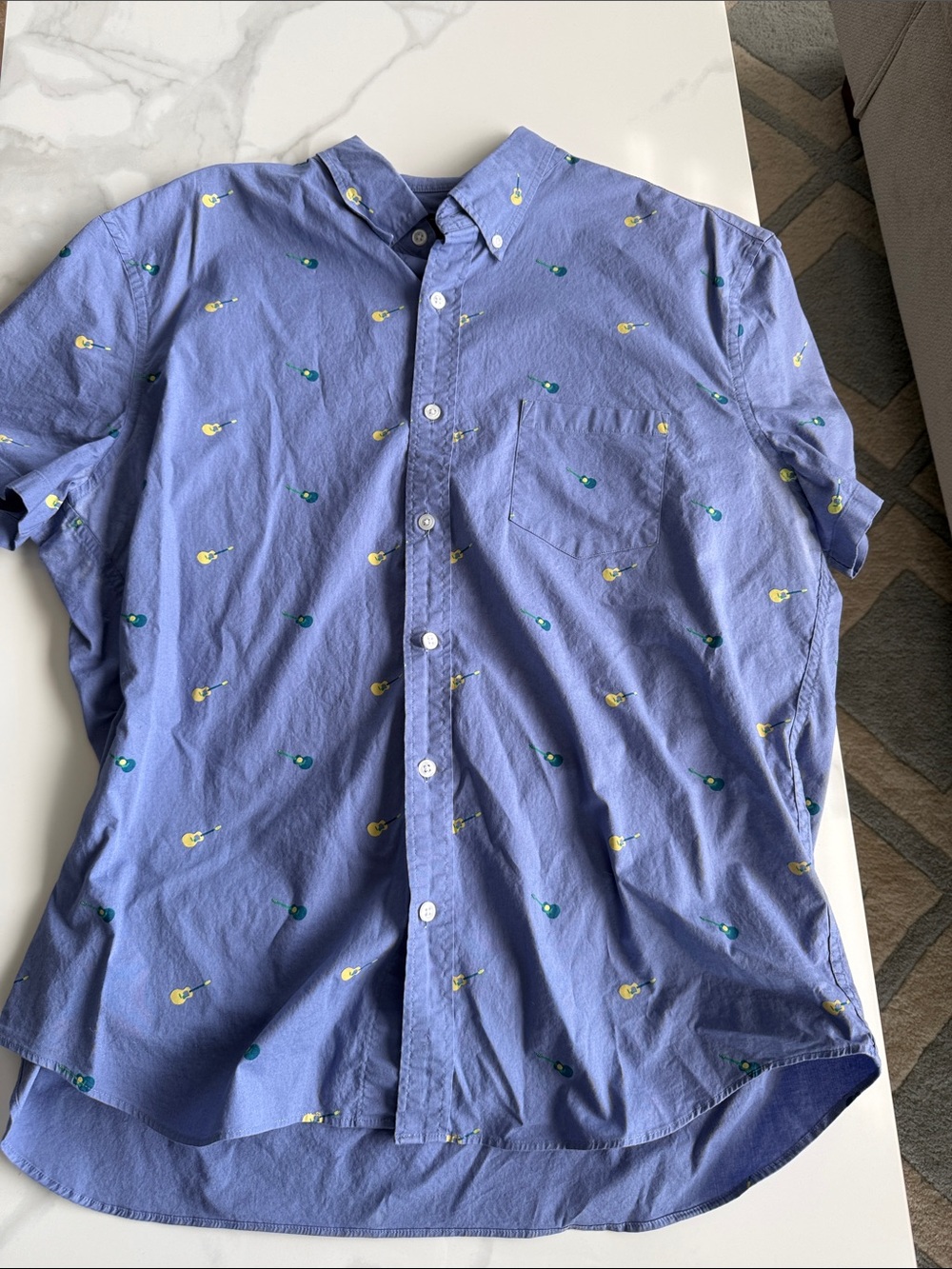 J. Crew Light Blue Short-Sleeve Button-Down Shirt with Guitar Motif